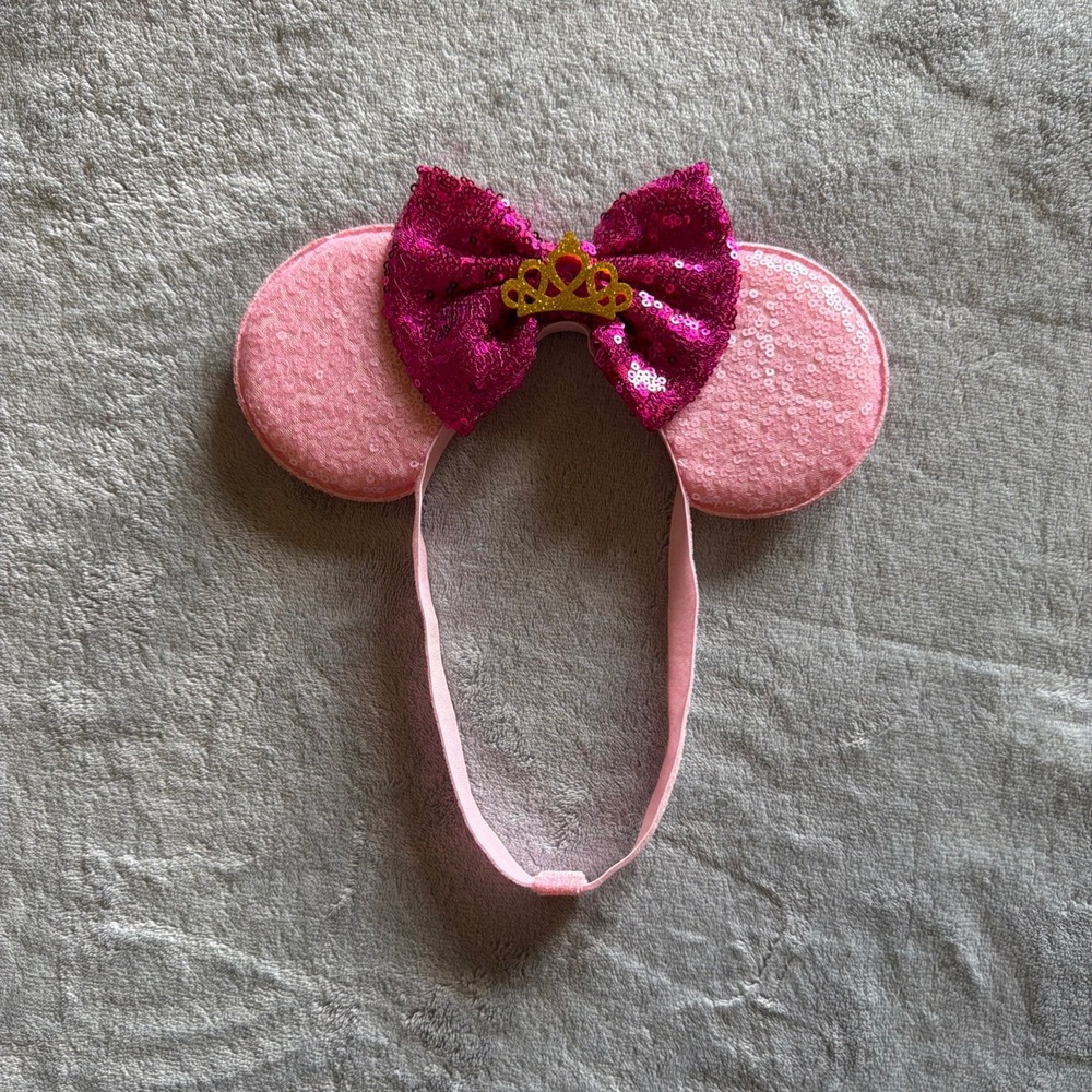 Pink Sequin Mickey Mouse Ears Princess Headband Hot Pink Bow Gold Tiara - H278